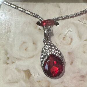 Crystal Crusted Red Rhinestone Teardrop Necklace